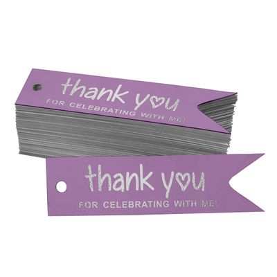 Tags de Papel para Lembrancinhas de Aniversário 'Obrigado por Celebrar Comigo' com Foil Artesanal para Pendurar - Inkdotpot 50 Etiquetas Metalizadas / Roxo - Prata