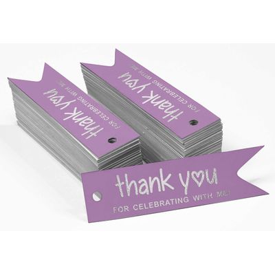 Tags de Papel para Lembrancinhas de Aniversário 'Obrigado por Celebrar Comigo' com Foil Artesanal para Pendurar - Inkdotpot 50 Etiquetas Metalizadas / Roxo - Prata