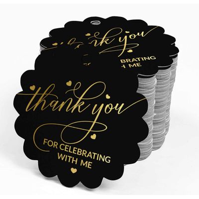 Etiquetas de Papel para Lembrancinha de Aniversário "Obrigado por Celebrar Comigo" com Foil Artesanal - Inkdotpot 50 Etiquetas Metalizadas / Preto - Ouro Rosé