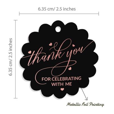 Etiquetas de Papel para Lembrancinha de Aniversário "Obrigado por Celebrar Comigo" com Foil Artesanal - Inkdotpot 50 Etiquetas Metalizadas / Preto - Ouro Rosé