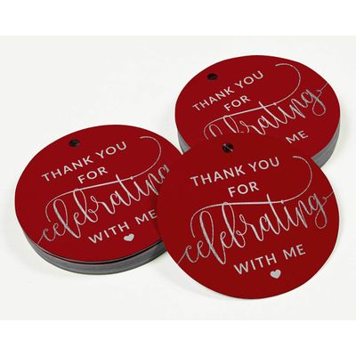 Etiquetas de Garrafa de Aniversário "Obrigado por Celebrar Comigo" Metalizadas para Lembrancinhas - Inkdotpot 100 Etiquetas Metalizadas / Vermelho - Prata