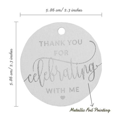 Tags de Papel para Lembrancinhas de Aniversário 'Obrigado por Celebrar Comigo' com Foil Artesanal para Pendurar - Inkdotpot 50 Etiquetas Metalizadas / Branco - Prata