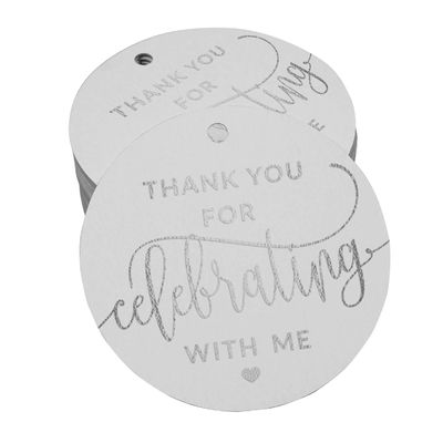 Tags de Papel para Lembrancinhas de Aniversário 'Obrigado por Celebrar Comigo' com Foil Artesanal para Pendurar - Inkdotpot 50 Etiquetas Metalizadas / Branco - Prata