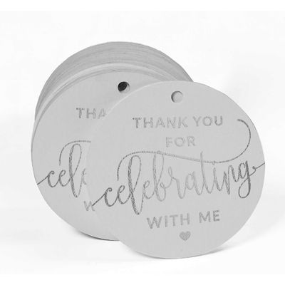 Tags de Papel para Lembrancinhas de Aniversário 'Obrigado por Celebrar Comigo' com Foil Artesanal para Pendurar - Inkdotpot 50 Etiquetas Metalizadas / Branco - Prata