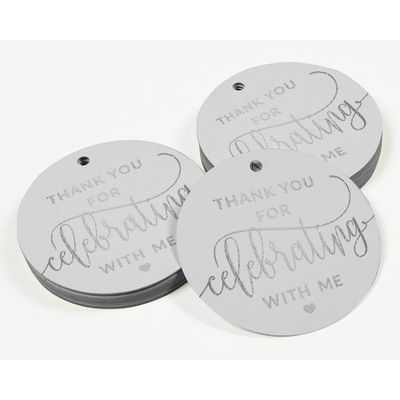 Tags de Papel para Lembrancinhas de Aniversário 'Obrigado por Celebrar Comigo' com Foil Artesanal para Pendurar - Inkdotpot 50 Etiquetas Metalizadas / Branco - Prata