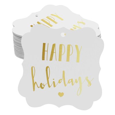 Etiquetas Pendentes 'Happy Holiday' para Lembrancinhas e Bonbonniere, Formato de Colchete, Foil Metalizado - Inkdotpot 50 Etiquetas Metalizadas / Branco - Dourado