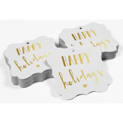 Etiquetas Pendentes 'Happy Holiday' para Lembrancinhas e Bonbonniere, Formato de Colchete, Foil Metalizado - Inkdotpot 50 Etiquetas Metalizadas / Branco - Dourado
