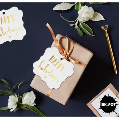 Etiquetas Pendentes 'Happy Holiday' para Lembrancinhas e Bonbonniere, Formato de Colchete, Foil Metalizado - Inkdotpot 50 Etiquetas Metalizadas / Branco - Dourado