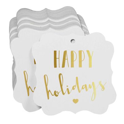 Etiquetas Pendentes 'Happy Holiday' para Lembrancinhas e Bonbonniere, Formato de Colchete, Foil Metalizado - Inkdotpot 50 Etiquetas Metalizadas / Branco - Dourado