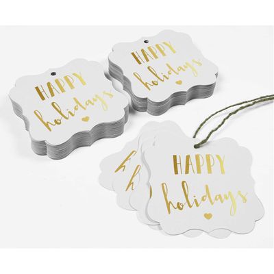 Etiquetas Pendentes 'Happy Holiday' para Lembrancinhas e Bonbonniere, Formato de Colchete, Foil Metalizado - Inkdotpot 50 Etiquetas Metalizadas / Branco - Dourado