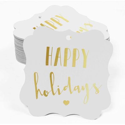 Etiquetas Pendentes 'Happy Holiday' para Lembrancinhas e Bonbonniere, Formato de Colchete, Foil Metalizado - Inkdotpot 50 Etiquetas Metalizadas / Branco - Dourado
