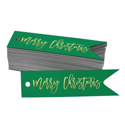 Etiqueta de Papel para Lembrancinha Merry Christmas com Acabamento Metálico para Pendurar - Inkdotpot 50 Etiquetas Metalizadas / Verde - Dourado