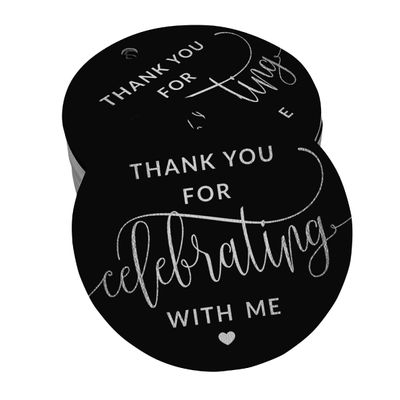 Etiquetas de Papel Metalizado para Lembrancinhas de Aniversário "Obrigado Por Celebrar Comigo" - Inkdotpot 50 Etiquetas Metalizadas / Preto - Prata