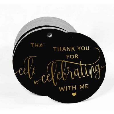 Etiquetas de Papel Metalizado para Lembrancinhas de Aniversário "Obrigado Por Celebrar Comigo" - Inkdotpot 50 Etiquetas Metalizadas / Preto - Prata