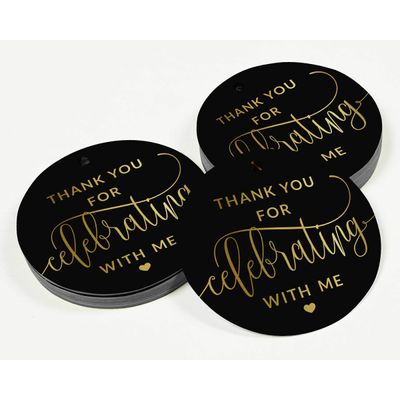 Etiquetas de Papel Metalizado para Lembrancinhas de Aniversário "Obrigado Por Celebrar Comigo" - Inkdotpot 50 Etiquetas Metalizadas / Preto - Prata