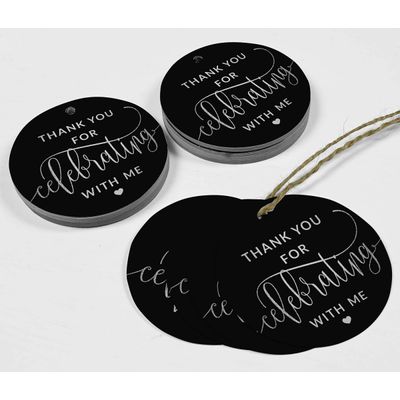 Etiquetas de Papel Metalizado para Lembrancinhas de Aniversário "Obrigado Por Celebrar Comigo" - Inkdotpot 50 Etiquetas Metalizadas / Preto - Prata