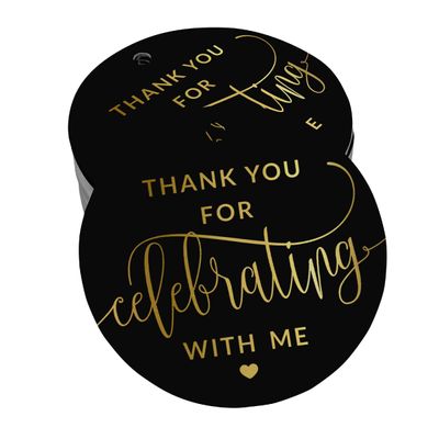 Etiquetas de Papel Metalizado para Lembrancinhas de Aniversário "Obrigado Por Celebrar Comigo" - Inkdotpot 50 Etiquetas Metalizadas / Preto - Prata