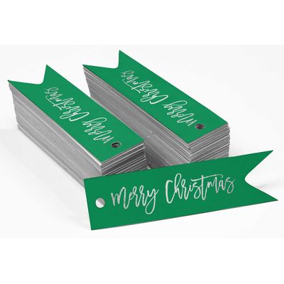 Etiqueta de Papel para Lembrancinha Merry Christmas com Acabamento Metálico para Pendurar - Inkdotpot 50 Etiquetas Metalizadas / Verde - Prata