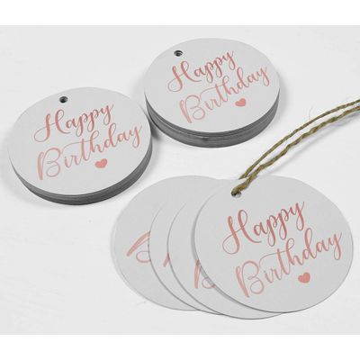 Etiquetas de Papel para Lembrancinhas 'Feliz Aniversário' Metalizadas para Pendurar - Inkdotpot 100 Etiquetas Metalizadas / Branco - Ouro Rosé