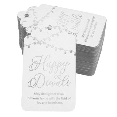 Etiquetas de Papel para Lembrancinhas Feliz Diwali com Metalizado Artesanal para Pendurar - Inkdotpot 100 Etiquetas Metalizadas / Branco - Prata