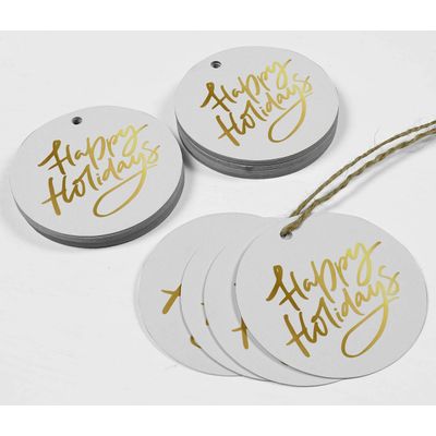 Etiquetas de Papel para Lembrancinhas 'Boas Festas' com Foil para Pendurar - Inkdotpot 100 Etiquetas Metalizadas / Branco - Dourado