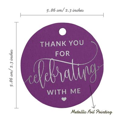 Tag de Papel para Lembrancinha de Aniversário 'Obrigado por Celebrar Comigo' com Acabamento em Foil para Pendurar - Inkdotpot 100 Etiquetas Metalizadas / Roxo - Prata