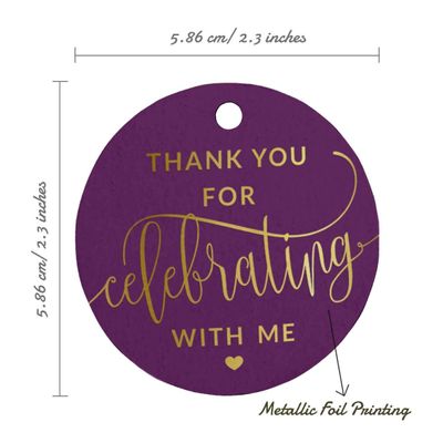 Tag de Papel para Lembrancinha de Aniversário 'Obrigado por Celebrar Comigo' com Acabamento em Foil para Pendurar - Inkdotpot 100 Etiquetas Metalizadas / Roxo - Prata