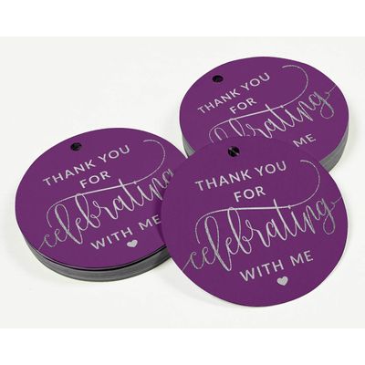 Tag de Papel para Lembrancinha de Aniversário 'Obrigado por Celebrar Comigo' com Acabamento em Foil para Pendurar - Inkdotpot 100 Etiquetas Metalizadas / Roxo - Prata
