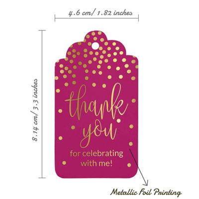 Tags de Papel para Lembrancinha de Aniversário "Thank You For Celebrating With Me" para Pendurar com Acabamento em Foil - Inkdotpot 100 Etiquetas Metalizadas / Rosa - Dourado