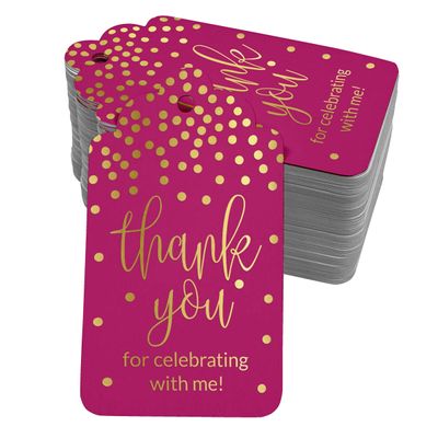 Tags de Papel para Lembrancinha de Aniversário "Thank You For Celebrating With Me" para Pendurar com Acabamento em Foil - Inkdotpot 100 Etiquetas Metalizadas / Rosa - Dourado