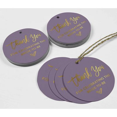 Etiquetas de Papel Penduradas para Lembrancinhas de Chá de Noiva 'Obrigado por Celebrar a Noiva' com Metalizado - Inkdotpot 100 Etiquetas Metalizadas / Roxo - Prata