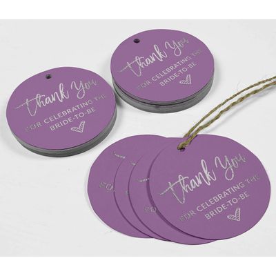 Etiquetas de Papel Penduradas para Lembrancinhas de Chá de Noiva 'Obrigado por Celebrar a Noiva' com Metalizado - Inkdotpot 100 Etiquetas Metalizadas / Roxo - Prata
