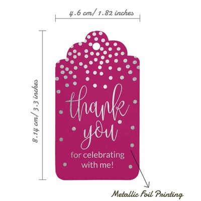 Tags de Papel para Lembrancinha de Aniversário "Thank You For Celebrating With Me" para Pendurar com Acabamento em Foil - Inkdotpot 100 Etiquetas Metalizadas / Rosa - Prata