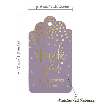 Etiquetas de Lembrancinha de Aniversário 'Obrigado por Celebrar Comigo' em Papel Metalizado para Pendurar - Inkdotpot 50 Etiquetas Metalizadas / Roxo - Prata