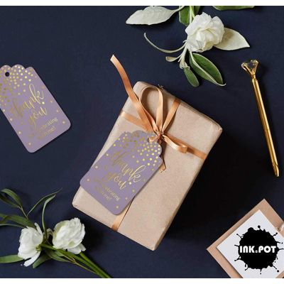 Etiquetas de Lembrancinha de Aniversário 'Obrigado por Celebrar Comigo' em Papel Metalizado para Pendurar - Inkdotpot 50 Etiquetas Metalizadas / Roxo - Prata