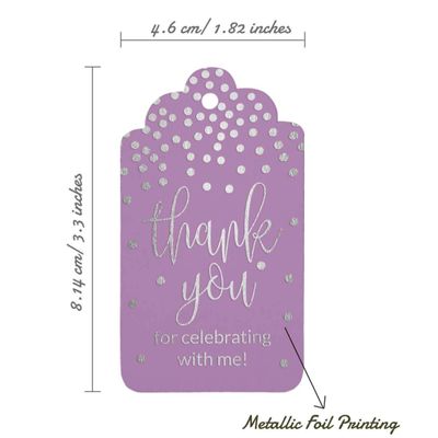Etiquetas de Lembrancinha de Aniversário 'Obrigado por Celebrar Comigo' em Papel Metalizado para Pendurar - Inkdotpot 50 Etiquetas Metalizadas / Roxo - Prata