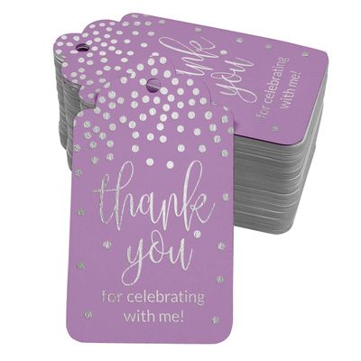 Etiquetas de Lembrancinha de Aniversário 'Obrigado por Celebrar Comigo' em Papel Metalizado para Pendurar - Inkdotpot 50 Etiquetas Metalizadas / Roxo - Prata