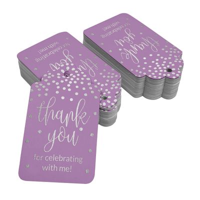 Etiquetas de Lembrancinha de Aniversário 'Obrigado por Celebrar Comigo' em Papel Metalizado para Pendurar - Inkdotpot 50 Etiquetas Metalizadas / Roxo - Prata
