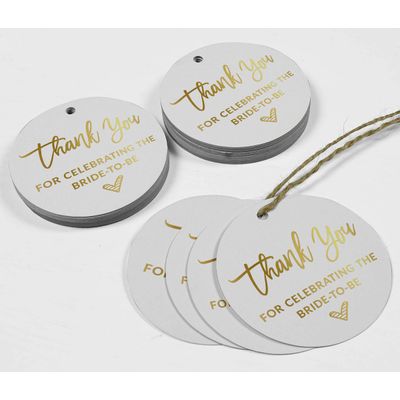 Etiquetas de Papel Pendentes para Lembrancinhas de Chá de Noiva com Foil 'Obrigada por Celebrar a Futura Noiva' - Inkdotpot 100 Etiquetas Metalizadas / Branco - Prata