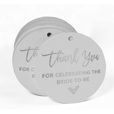 Etiquetas de Papel Pendentes para Lembrancinhas de Chá de Noiva com Foil 'Obrigada por Celebrar a Futura Noiva' - Inkdotpot 100 Etiquetas Metalizadas / Branco - Prata
