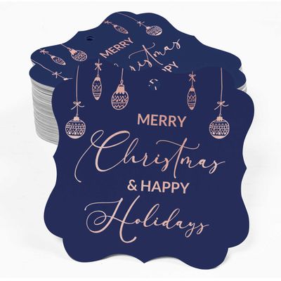Etiquetas de Papel para Lembrancinhas com Foil, Texto "Merry Christmas & Happy", Formato de Colchete para Pendurar - Inkdotpot 50 Etiquetas Metalizadas / Azul - Ouro Rosé