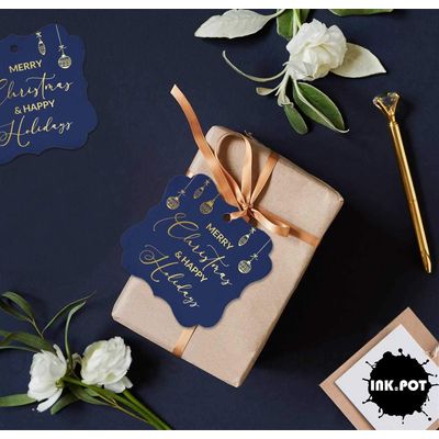Etiquetas de Papel para Lembrancinhas com Foil, Texto "Merry Christmas & Happy", Formato de Colchete para Pendurar - Inkdotpot 50 Etiquetas Metalizadas / Azul - Ouro Rosé