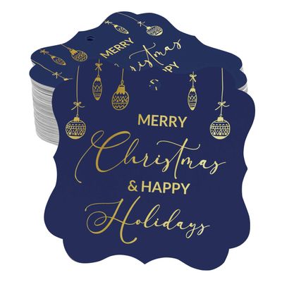 Etiquetas de Papel para Lembrancinhas com Foil, Texto "Merry Christmas & Happy", Formato de Colchete para Pendurar - Inkdotpot 50 Etiquetas Metalizadas / Azul - Ouro Rosé