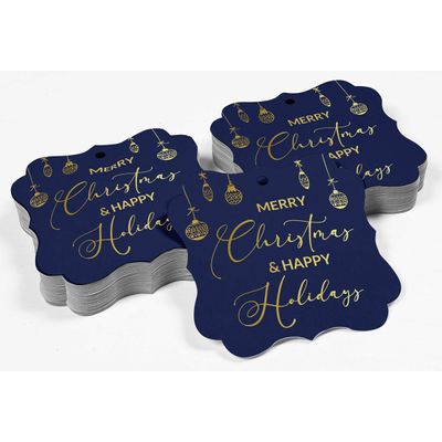 Etiquetas de Papel para Lembrancinhas com Foil, Texto "Merry Christmas & Happy", Formato de Colchete para Pendurar - Inkdotpot 50 Etiquetas Metalizadas / Azul - Ouro Rosé