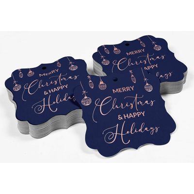 Etiquetas de Papel para Lembrancinhas com Foil, Texto "Merry Christmas & Happy", Formato de Colchete para Pendurar - Inkdotpot 50 Etiquetas Metalizadas / Azul - Ouro Rosé