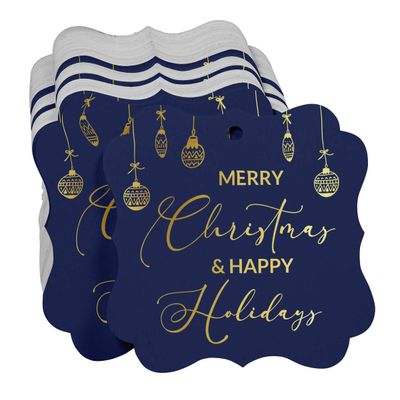 Etiquetas de Papel para Lembrancinhas com Foil, Texto "Merry Christmas & Happy", Formato de Colchete para Pendurar - Inkdotpot 50 Etiquetas Metalizadas / Azul - Ouro Rosé