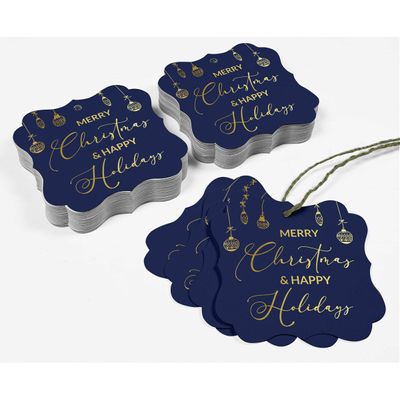 Etiquetas de Papel para Lembrancinhas com Foil, Texto "Merry Christmas & Happy", Formato de Colchete para Pendurar - Inkdotpot 50 Etiquetas Metalizadas / Azul - Ouro Rosé