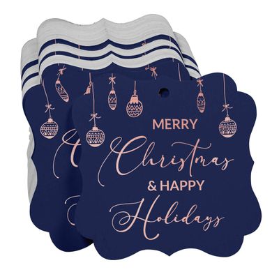 Etiquetas de Papel para Lembrancinhas com Foil, Texto "Merry Christmas & Happy", Formato de Colchete para Pendurar - Inkdotpot 50 Etiquetas Metalizadas / Azul - Ouro Rosé