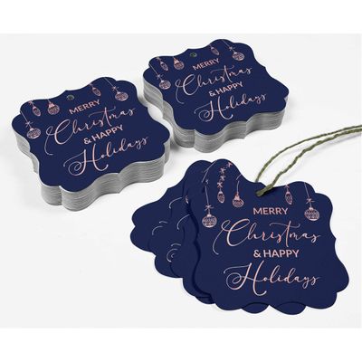 Etiquetas de Papel para Lembrancinhas com Foil, Texto "Merry Christmas & Happy", Formato de Colchete para Pendurar - Inkdotpot 50 Etiquetas Metalizadas / Azul - Ouro Rosé