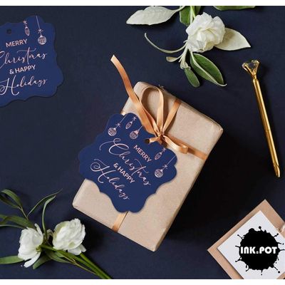 Etiquetas de Papel para Lembrancinhas com Foil, Texto "Merry Christmas & Happy", Formato de Colchete para Pendurar - Inkdotpot 50 Etiquetas Metalizadas / Azul - Ouro Rosé